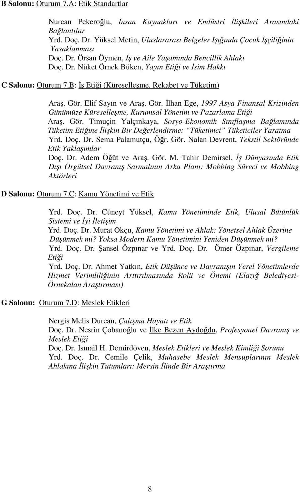 B: İş Etiği (Küreselleşme, Rekabet ve Tüketim) Araş. Gör. Elif Sayın ve Araş. Gör. İlhan Ege, 1997 Asya Finansal Krizinden Günümüze Küreselleşme, Kurumsal Yönetim ve Pazarlama Etiği Araş. Gör. Timuçin Yalçınkaya, Sosyo-Ekonomik Sınıflaşma Bağlamında Tüketim Etiğine İlişkin Bir Değerlendirme: Tüketimci Tüketiciler Yaratma Yrd.