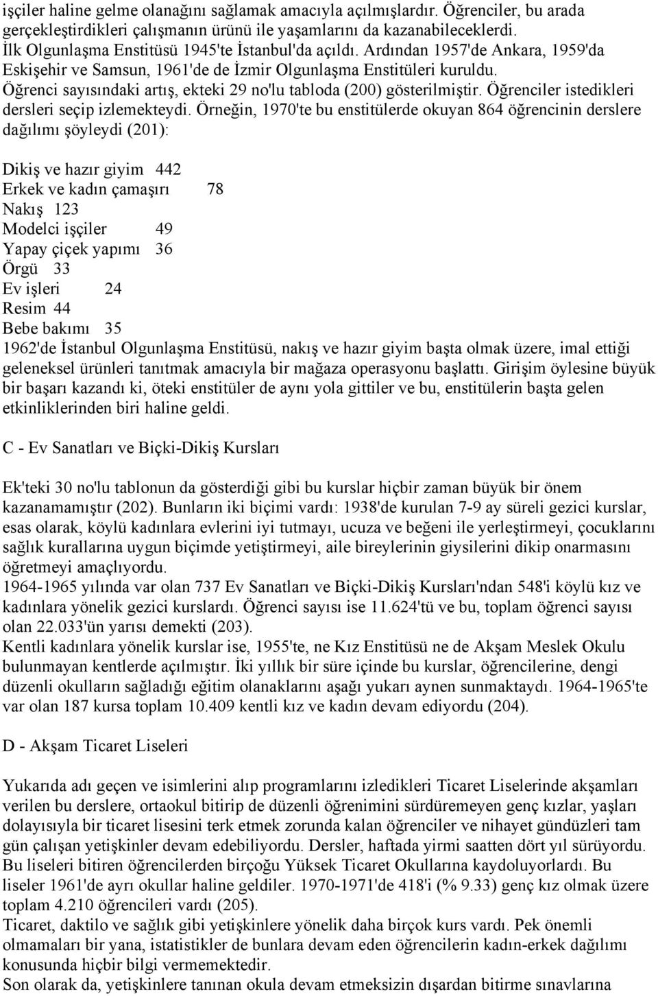 Öğrenci sayısındaki artış, ekteki 29 no'lu tabloda (200) gösterilmiştir. Öğrenciler istedikleri dersleri seçip izlemekteydi.