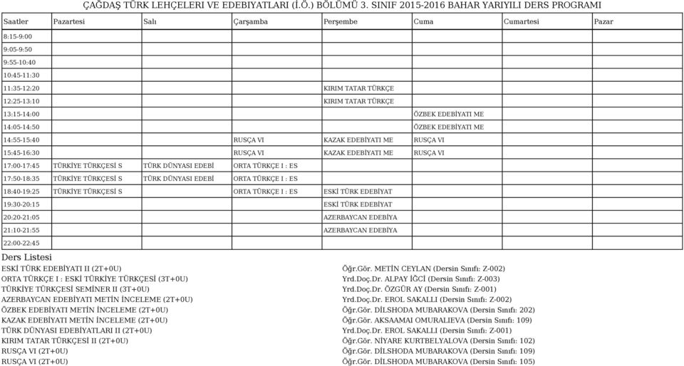 AZERBAYCAN EDEBİYA AZERBAYCAN EDEBİYA ESKİ TÜRK EDEBİYATI II (2T+0U) Öğr.Gör. METİN CEYLAN (Dersin Sınıfı: Z-002) Kİ TÜRKİYE TÜRKÇESİ (3T+0U) Yrd.Doç.Dr.