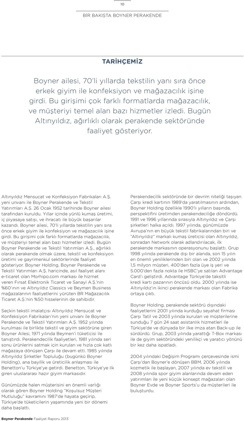 Altınyıldız Mensucat ve Konfeksiyon Fabrikaları A.Ş. yeni unvanı ile Boyner Perakende ve Tekstil Yatırımları A.Ş. 26 Ocak 1952 tarihinde Boyner ailesi tarafından kuruldu.