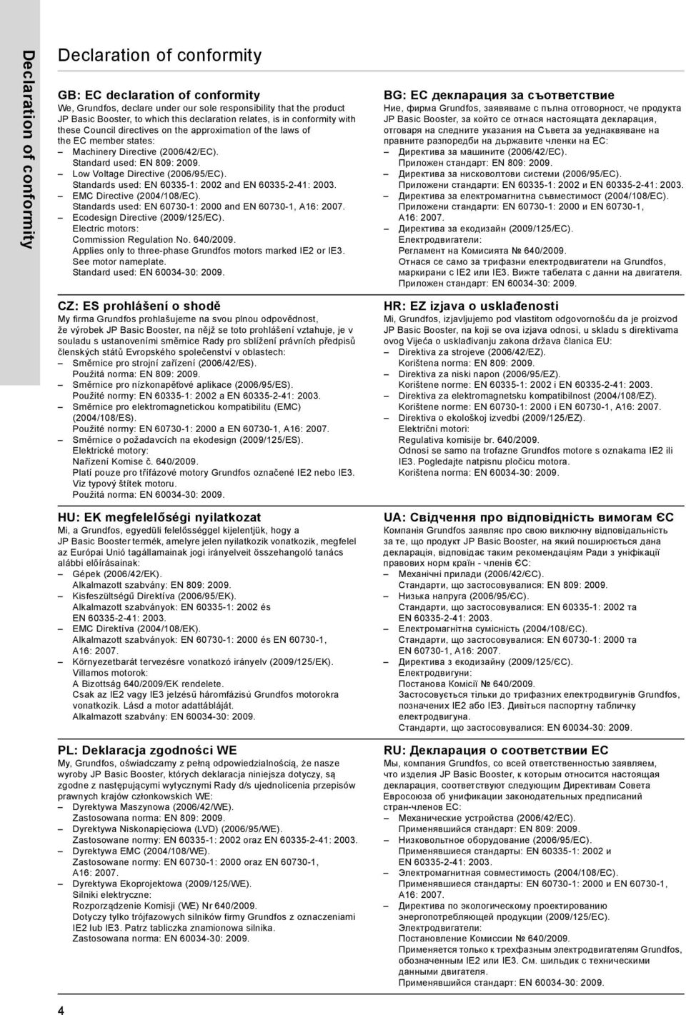 Low Voltage Directive (2006/95/EC). Standards used: EN 60335-1: 2002 and EN 60335-2-41: 2003. EMC Directive (2004/108/EC). Standards used: EN 60730-1: 2000 and EN 60730-1, A16: 2007.