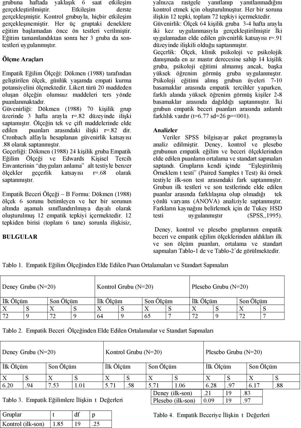 Ölçme Araçları Empatik Eğilim Ölçeği: Dökmen (1988) tarafından geliştirilen ölçek, günlük yaşamda empati kurma potansiyelini ölçmektedir.