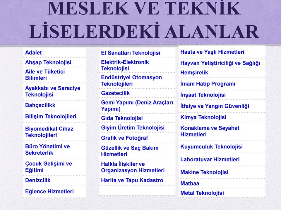 (Deniz Araçları Yapımı) Gıda Teknolojisi Giyim Üretim Teknolojisi Grafik ve Fotoğraf Güzellik ve Saç Bakım Hizmetleri Halkla İlişkiler ve Organizasyon Hizmetleri Harita ve Tapu Kadastro Hasta ve