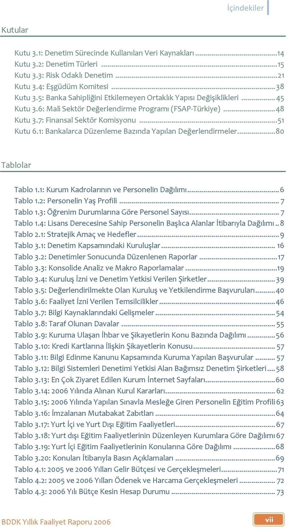 1: Bankalarca Düzenleme Bazında Yapılan Değerlendirmeler... 80 Tablolar Tablo 1.1: Kurum Kadrolarının ve Personelin Dağılımı... 6 Tablo 1.2: Personelin Yaş Profili... 7 Tablo 1.