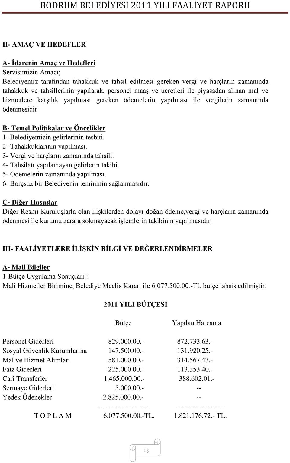 B- Temel Politikalar ve Öncelikler 1- Belediyemizin gelirlerinin tesbiti. 2- Tahakkuklarının yapılması. 3- Vergi ve harçların zamanında tahsili. 4- Tahsilatı yapılamayan gelirlerin takibi.