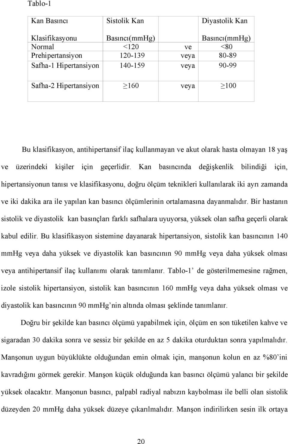 Kan basıncında değişkenlik bilindiği için, hipertansiyonun tanısı ve klasifikasyonu, doğru ölçüm teknikleri kullanılarak iki ayrı zamanda ve iki dakika ara ile yapılan kan basıncı ölçümlerinin