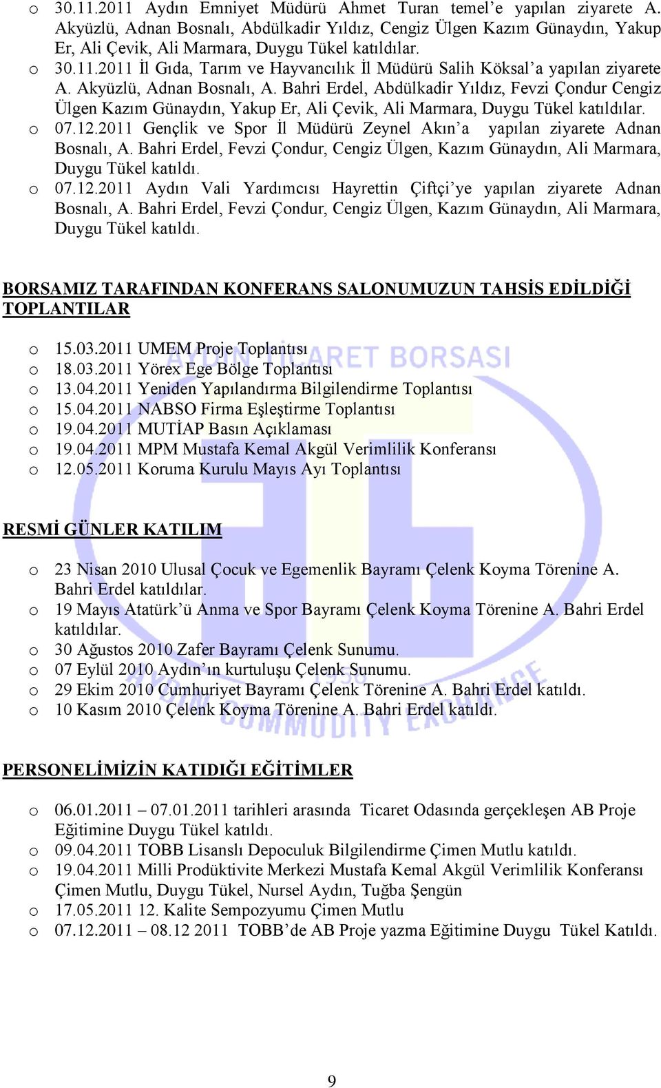 2011 Gençlik ve Spor İl Müdürü Zeynel Akın a yapılan ziyarete Adnan Bosnalı, A. Bahri Erdel, Fevzi Çondur, Cengiz Ülgen, Kazım Günaydın, Ali Marmara, Duygu Tükel o 07.12.