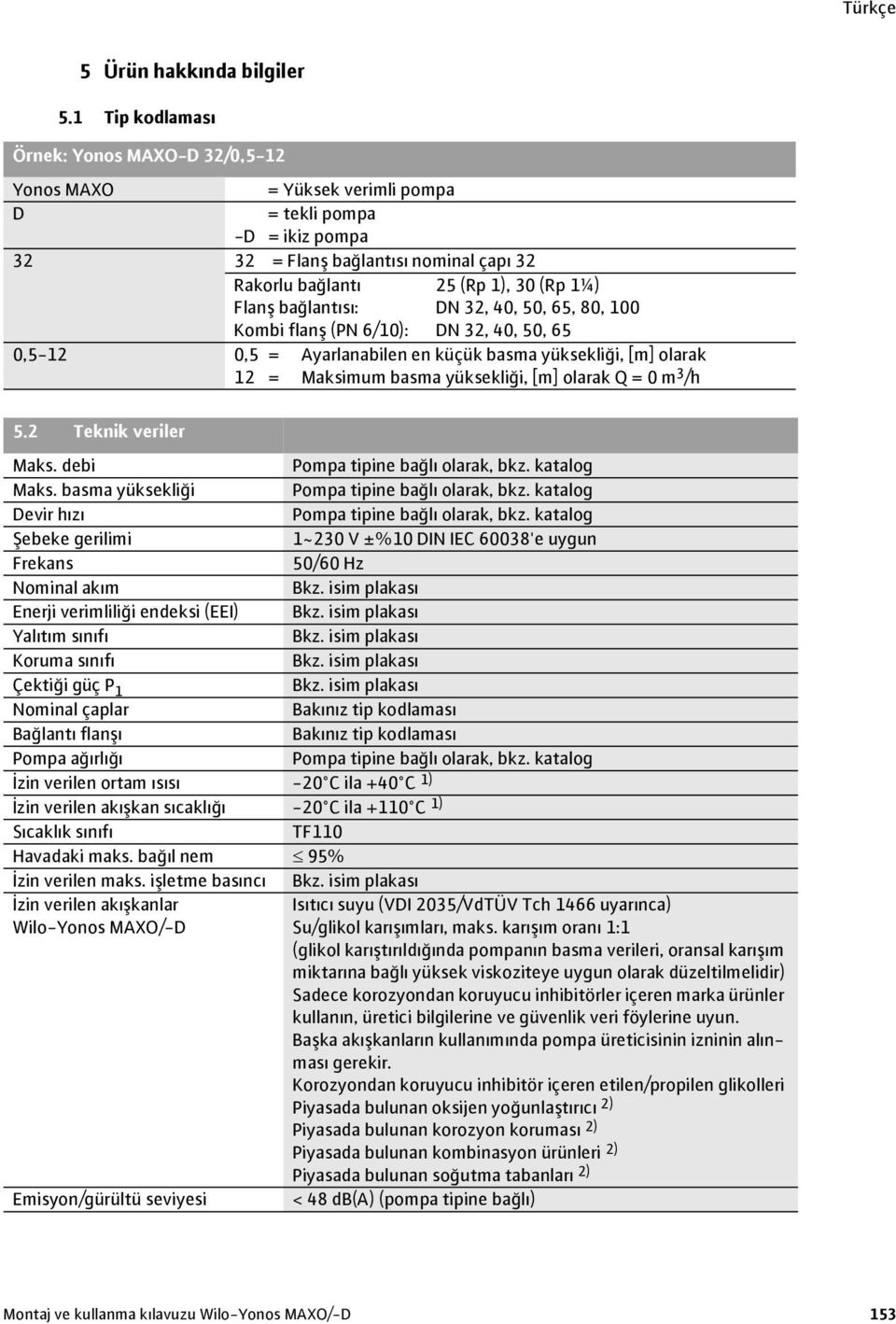 bağlantısı: DN 32, 40, 50, 65, 80, 100 Kombi flanş (PN 6/10): DN 32, 40, 50, 65 0,5-12 0,5 = Ayarlanabilen en küçük basma yüksekliği, [m] olarak 12 = Maksimum basma yüksekliği, [m] olarak Q = 0 m 3