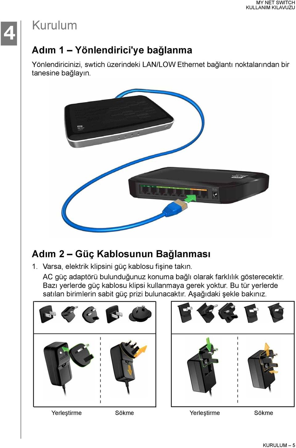 AC güç adaptörü bulunduğunuz konuma bağlı olarak farklılık gösterecektir. Bazı yerlerde güç kablosu klipsi kullanmaya gerek yoktur.