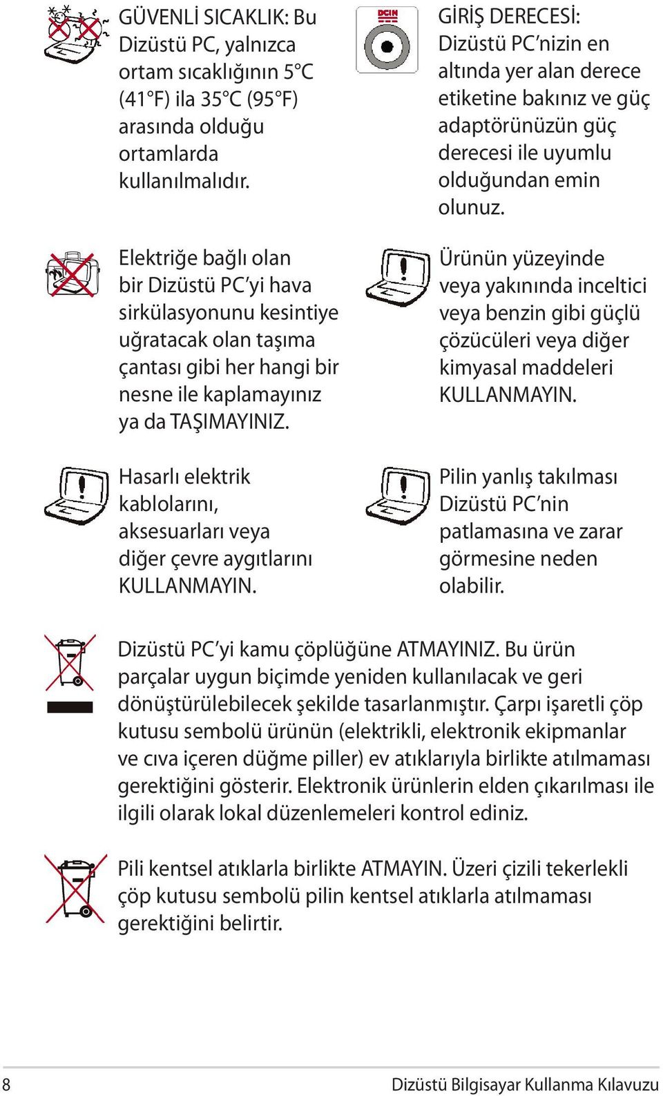 Hasarlı elektrik kablolarını, aksesuarları veya diğer çevre aygıtlarını KULLANMAYIN.