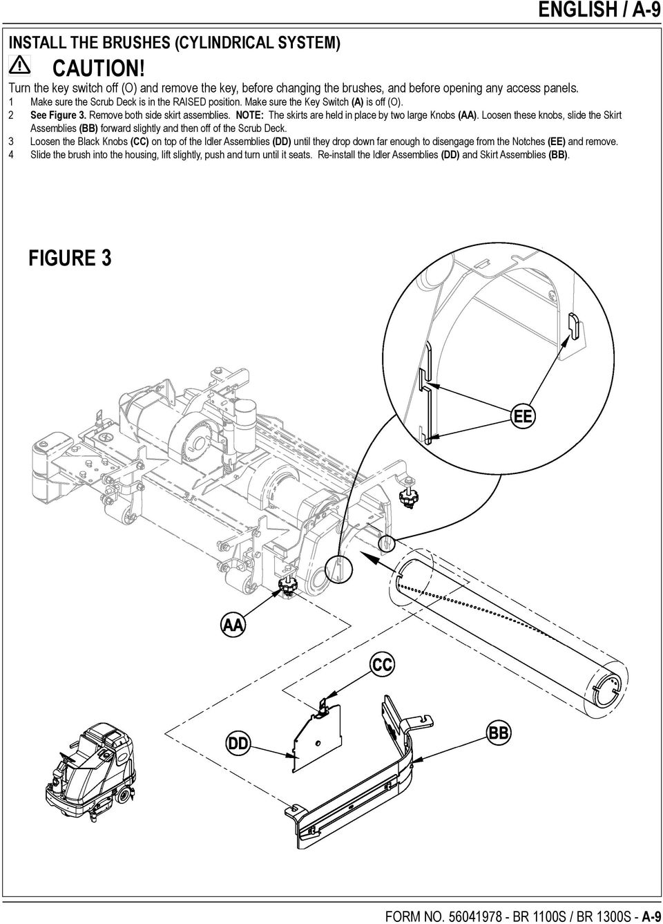 NOTE: The skirts are held in place by two large Knobs (AA). Loosen these knobs, slide the Skirt Assemblies (BB) forward slightly and then off of the Scrub Deck.