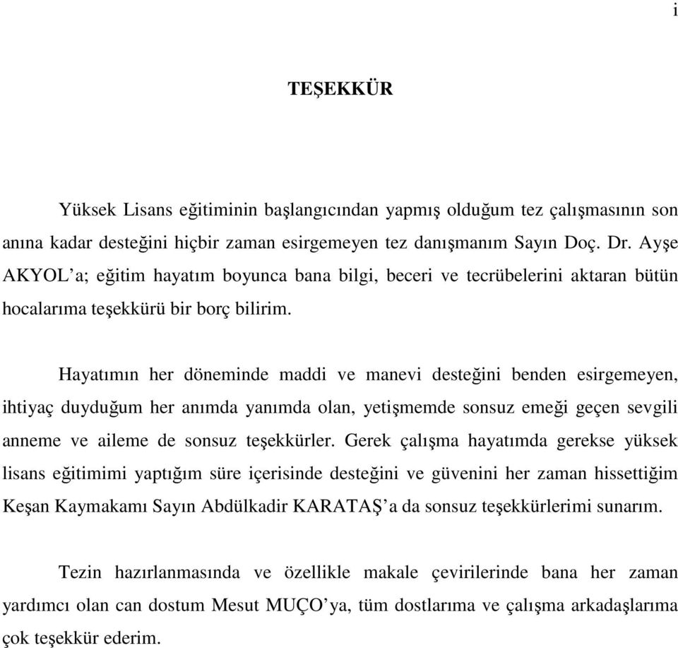 Hayatımın her döneminde maddi ve manevi desteğini benden esirgemeyen, ihtiyaç duyduğum her anımda yanımda olan, yetişmemde sonsuz emeği geçen sevgili anneme ve aileme de sonsuz teşekkürler.