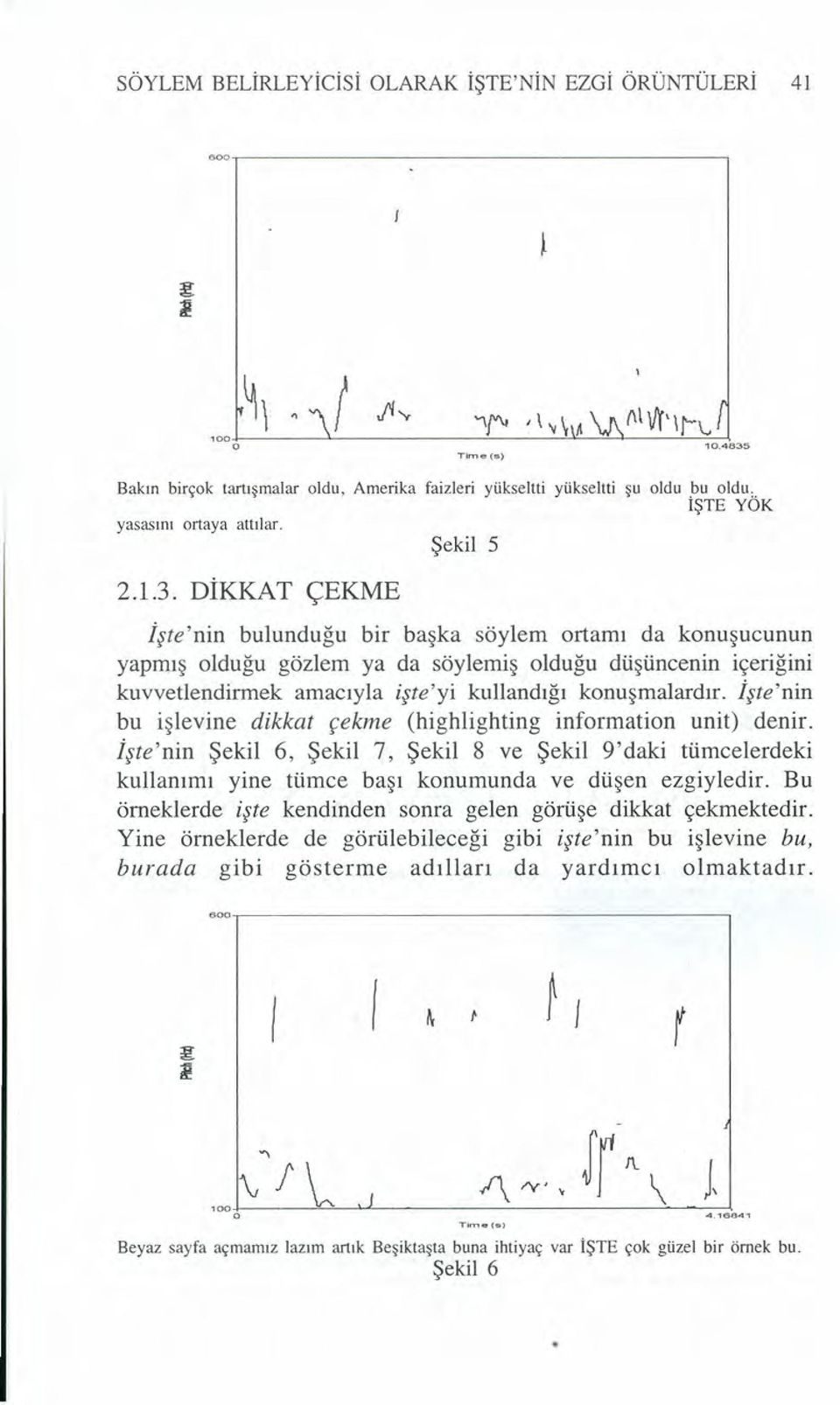 İşte'nin bu işlevine dikkat çekme (highlighting information unit) denir. İşte'nin Şekil 6, Şekil 7, Şekil 8 ve Şekil 9'daki tümcelerdeki kullanımı yine tümce başı konumunda ve düşen ezgiyiedir.