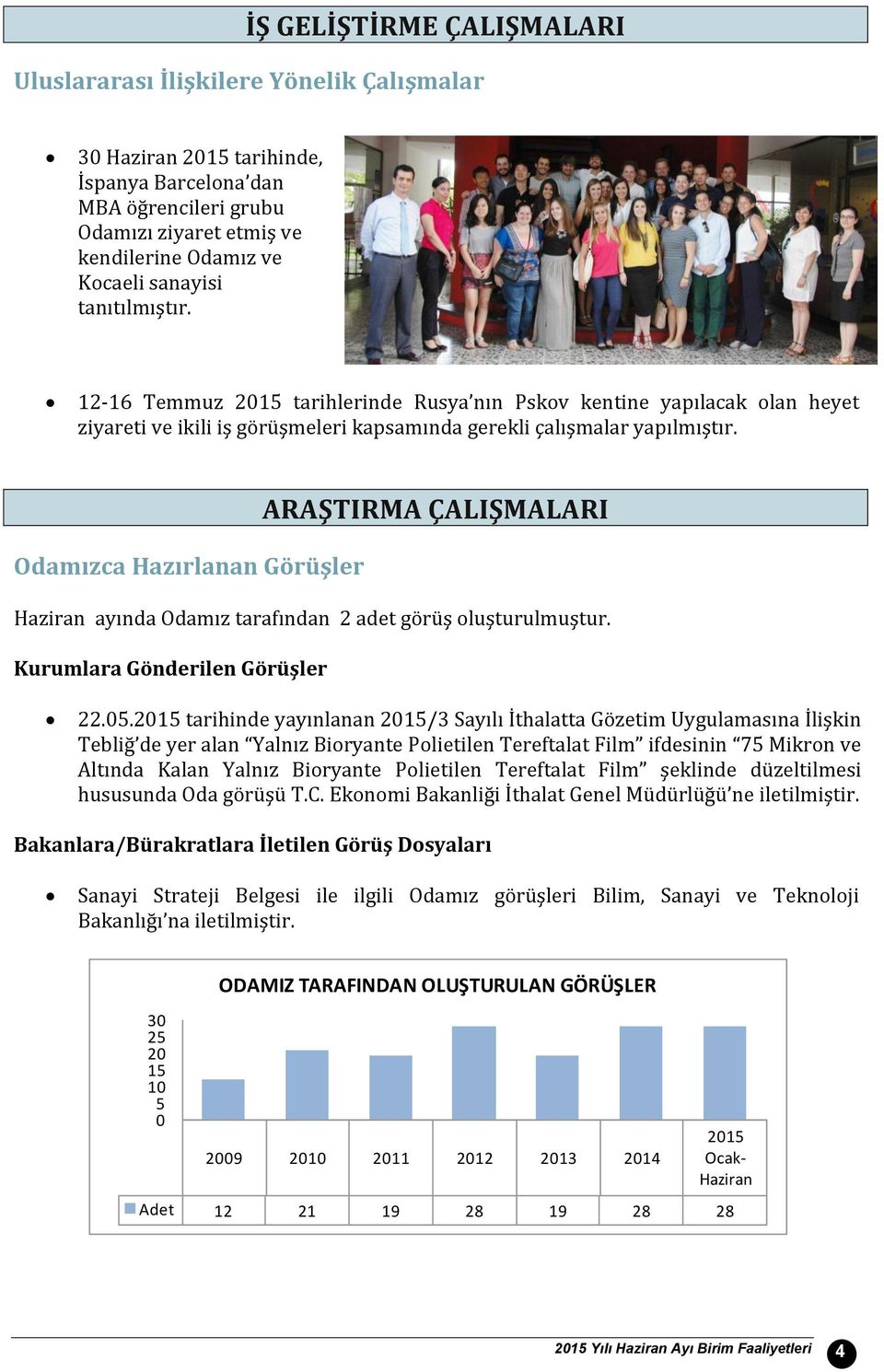 ARAŞTIRMA ÇALIŞMALARI Odamızca Hazırlanan Görüşler Haziran ayında Odamız tarafından 2 adet görüş oluşturulmuştur. Kurumlara Gönderilen Görüşler 22.5.