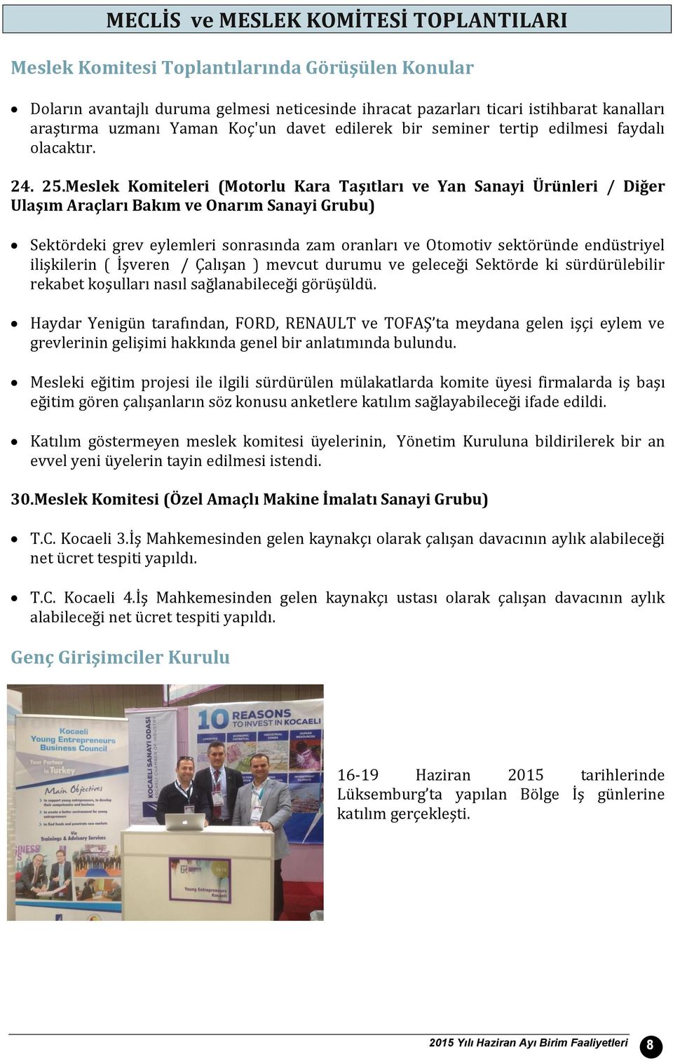 Meslek Komiteleri (Motorlu Kara Taşıtları ve Yan Sanayi Ürünleri / Diğer Ulaşım Araçları Bakım ve Onarım Sanayi Grubu) Sektördeki grev eylemleri sonrasında zam oranları ve Otomotiv sektöründe