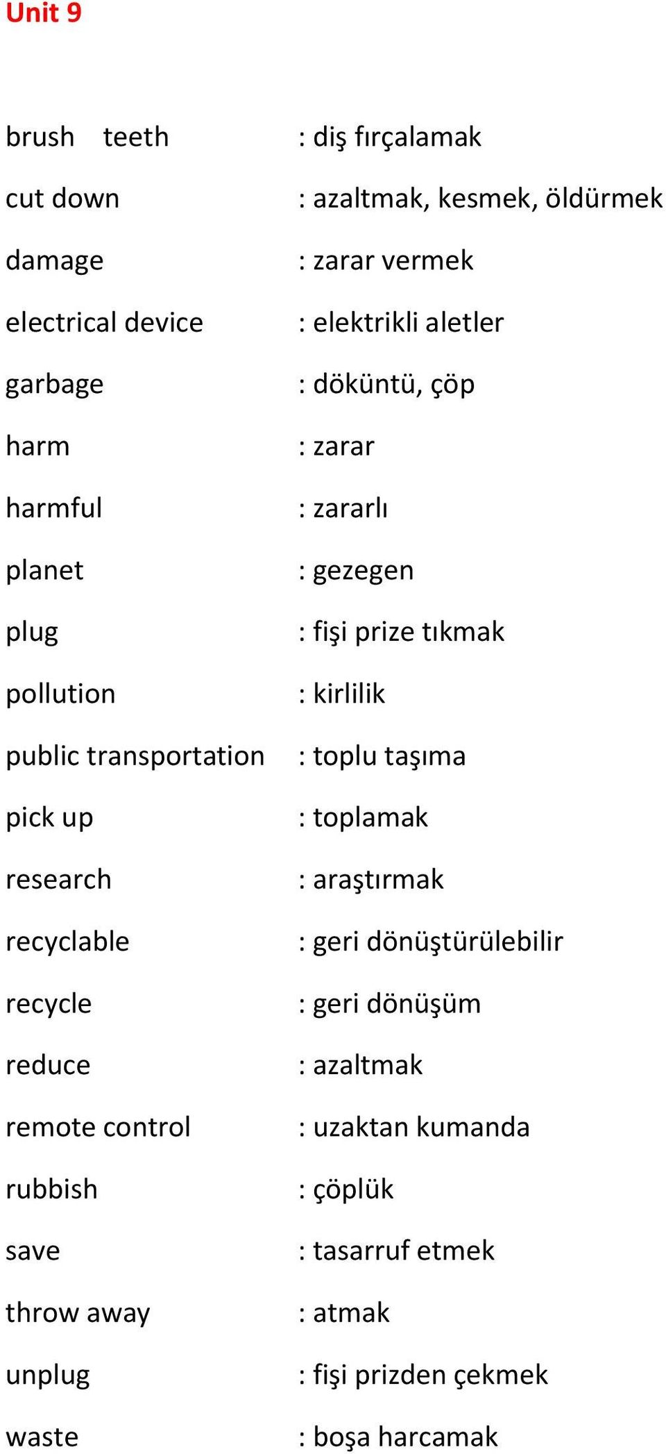 vermek : elektrikli aletler : döküntü, çöp : zarar : zararlı : gezegen : fişi prize tıkmak : kirlilik : toplu taşıma : toplamak :