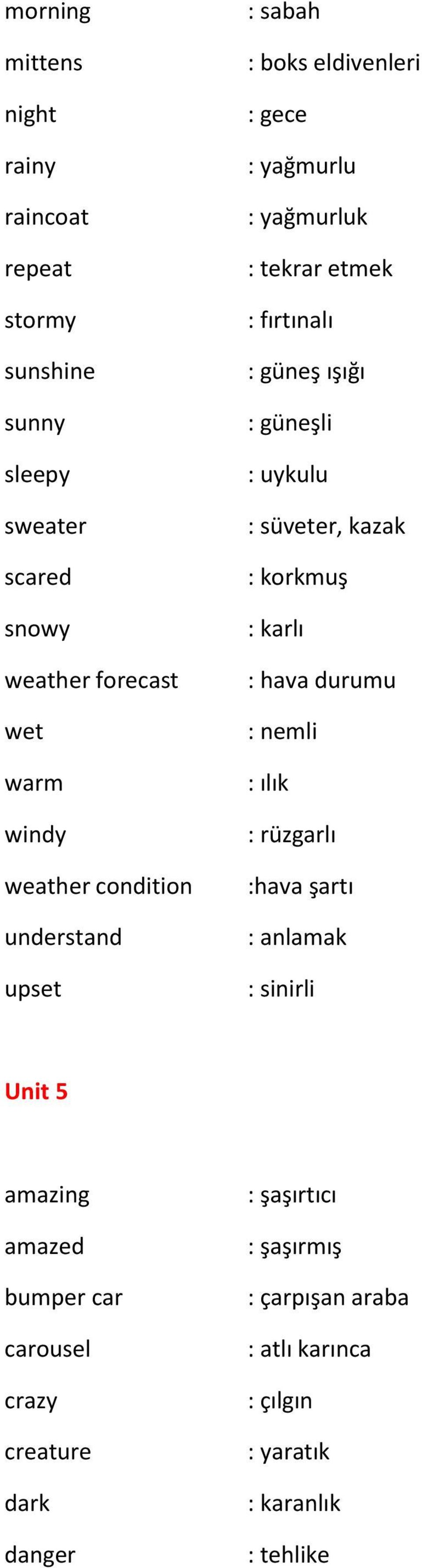 uykulu : süveter, kazak : korkmuş : karlı : hava durumu : nemli : ılık : rüzgarlı :hava şartı : anlamak : sinirli Unit 5 amazing amazed