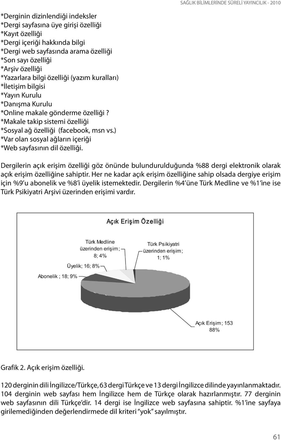 ) *Var olan sosyal ağların içeriği *Web sayfasının dil özelliği. Dergilerin açık erişim özelliği göz önünde bulundurulduğunda %88 dergi elektronik olarak açık erişim özelliğine sahiptir.