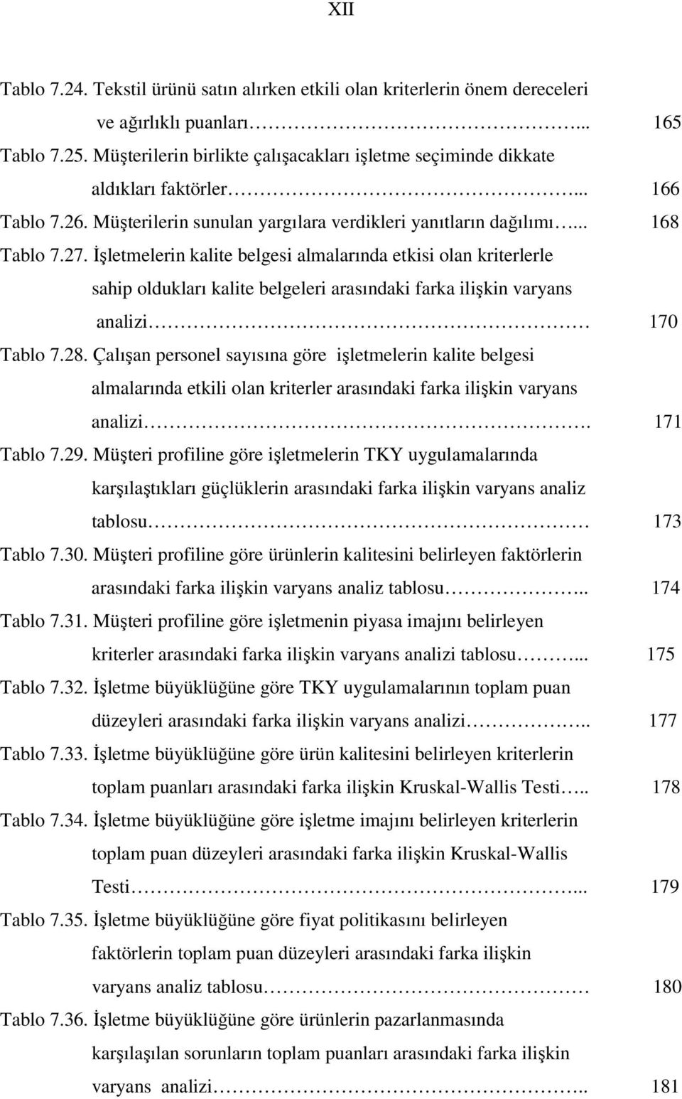 İşletmelerin kalite belgesi almalarında etkisi olan kriterlerle sahip oldukları kalite belgeleri arasındaki farka ilişkin varyans analizi 170 Tablo 7.28.