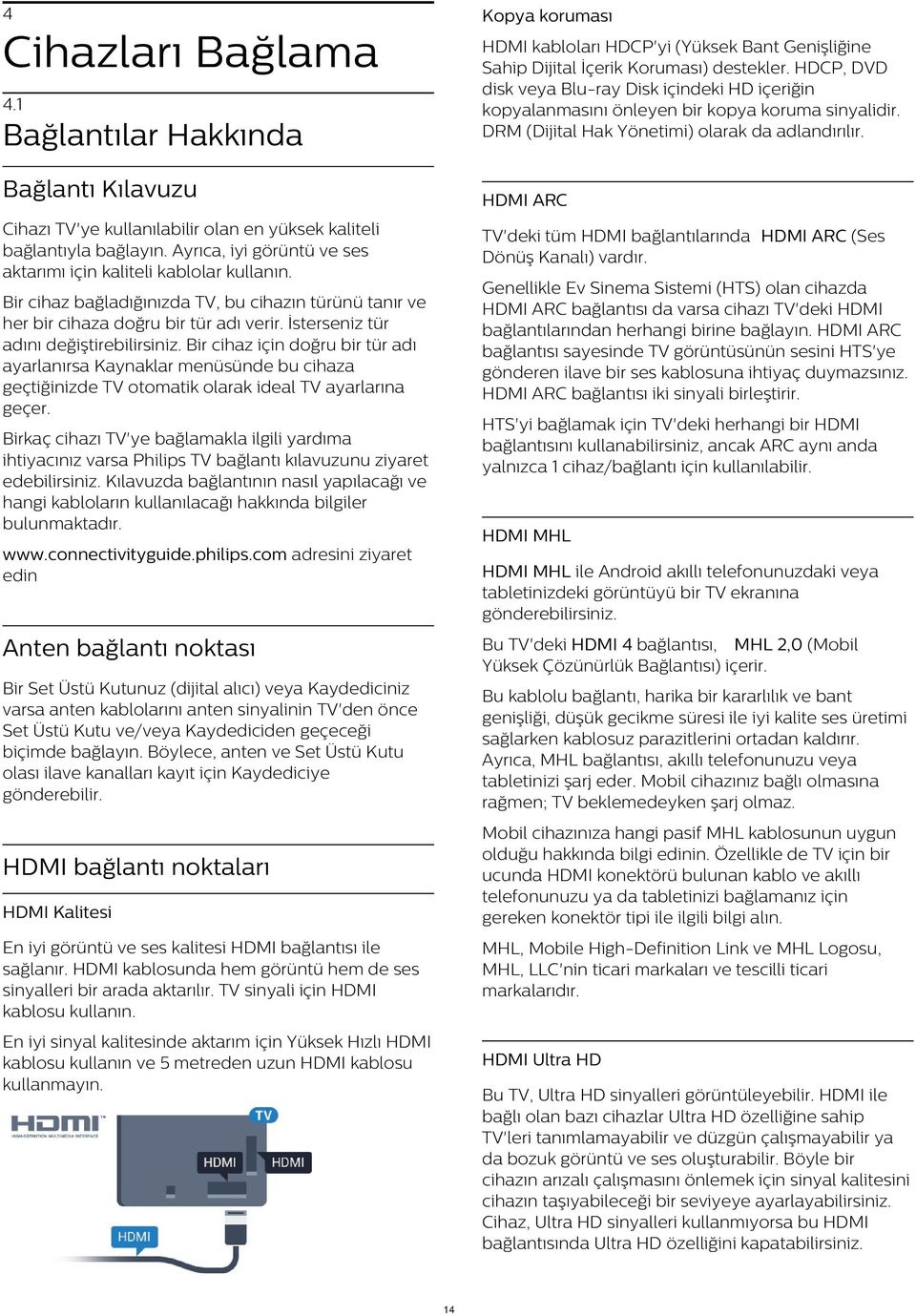 1 Bağlantılar Hakkında Bağlantı Kılavuzu HDMI ARC Cihazı TV'ye kullanılabilir olan en yüksek kaliteli bağlantıyla bağlayın. Ayrıca, iyi görüntü ve ses aktarımı için kaliteli kablolar kullanın.