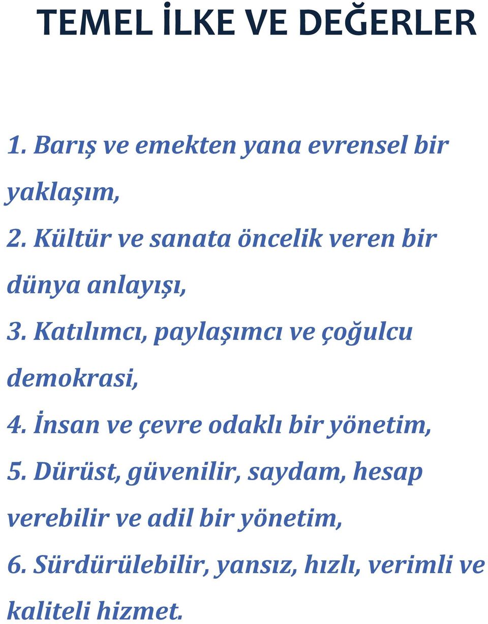 Katılımcı, paylaşımcı ve çoğulcu demokrasi, 4. İnsan ve çevre odaklı bir yönetim, 5.