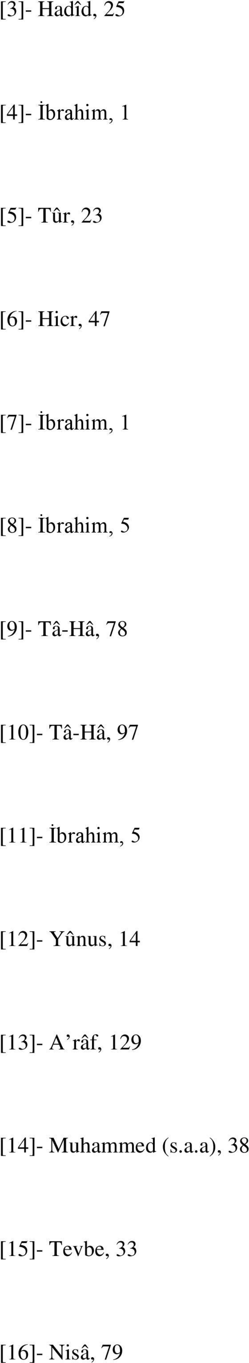 Tâ-Hâ, 97 [11]- İbrahim, 5 [12]- Yûnus, 14 [13]- A râf,