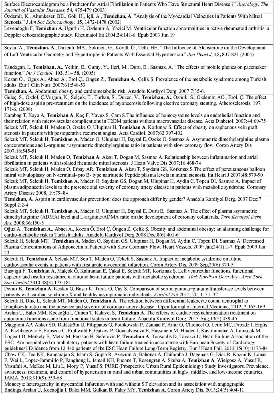 J Am Soc Echocardiogr, 15, 1472-1478 (2002) Levendoglu F, Temizhan A, Ugurlu H, Ozdemir A, Yazici M.