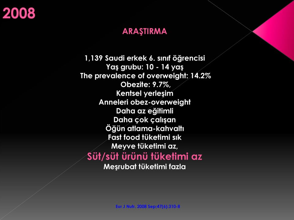 7%, Kentsel yerleşim Anneleri obez-overweight Daha az eğitimli Daha çok çalışan Öğün