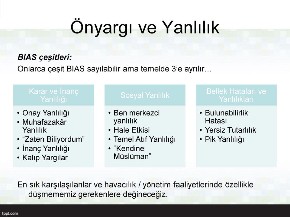 Hale Etkisi Temel Atıf Yanlılığı Kendine Müslüman Bellek Hataları ve Yanlılıkları Bulunabilirlik Hatası Yersiz