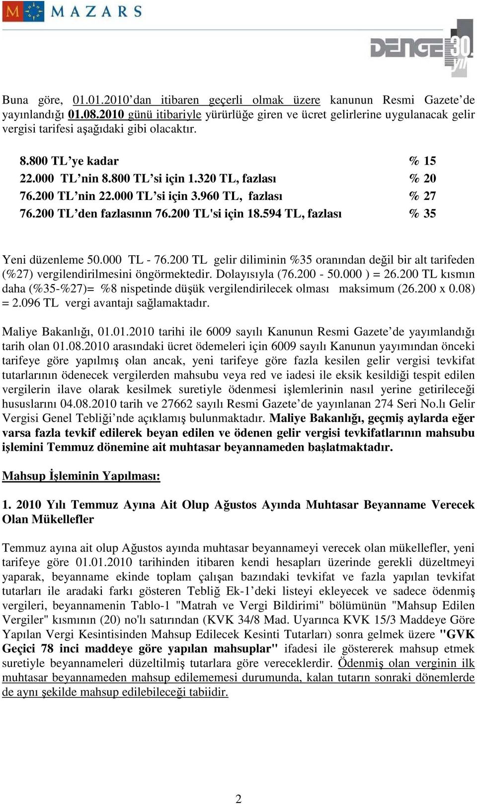 200 TL nin 22.000 TL si için 3.960 TL, fazlası % 27 76.200 TL den fazlasının 76.200 TL'si için 18.594 TL, fazlası % 35 Yeni düzenleme 50.000 TL - 76.