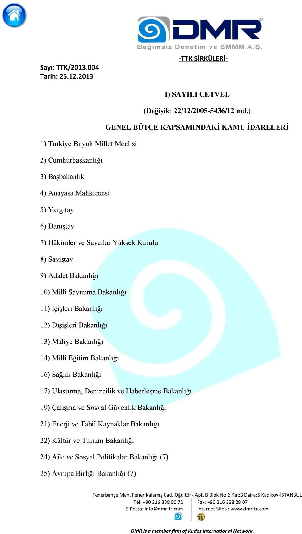 Hâkimler ve Savcılar Yüksek Kurulu 8) Sayıştay 9) Adalet Bakanlığı 10) Millî Savunma Bakanlığı 11) İçişleri Bakanlığı 12) Dışişleri Bakanlığı 13) Maliye Bakanlığı