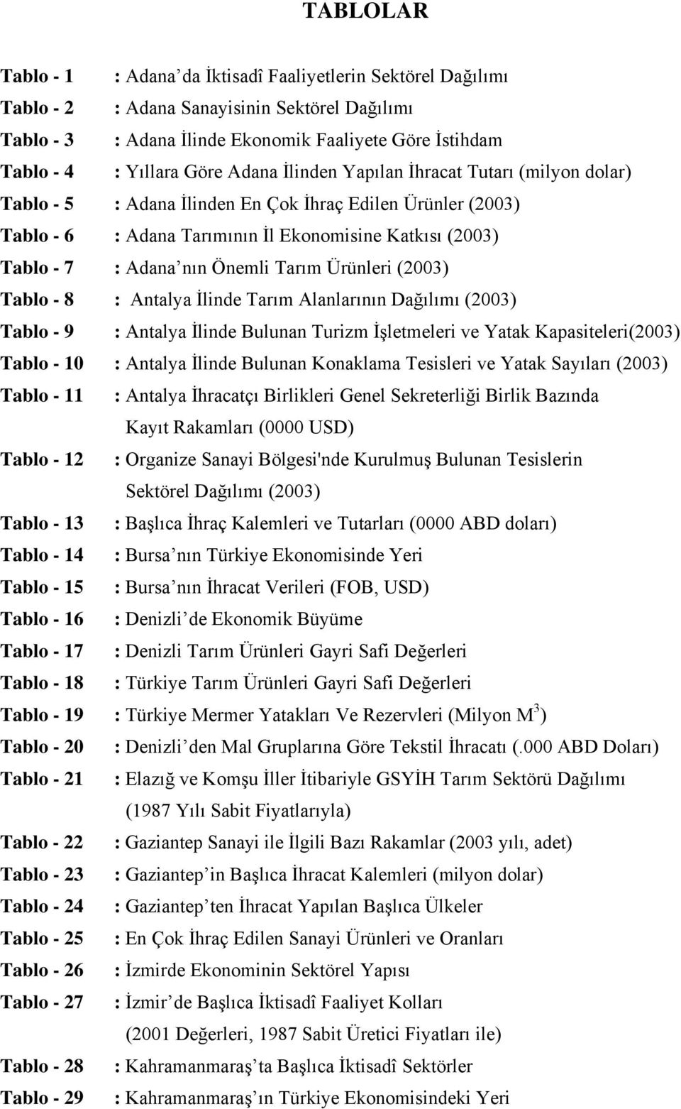 Önemli Tarım Ürünleri (2003) Tablo - 8 : Antalya İlinde Tarım Alanlarının Dağılımı (2003) Tablo - 9 : Antalya İlinde Bulunan Turizm İşletmeleri ve Yatak Kapasiteleri(2003) Tablo - 10 : Antalya İlinde