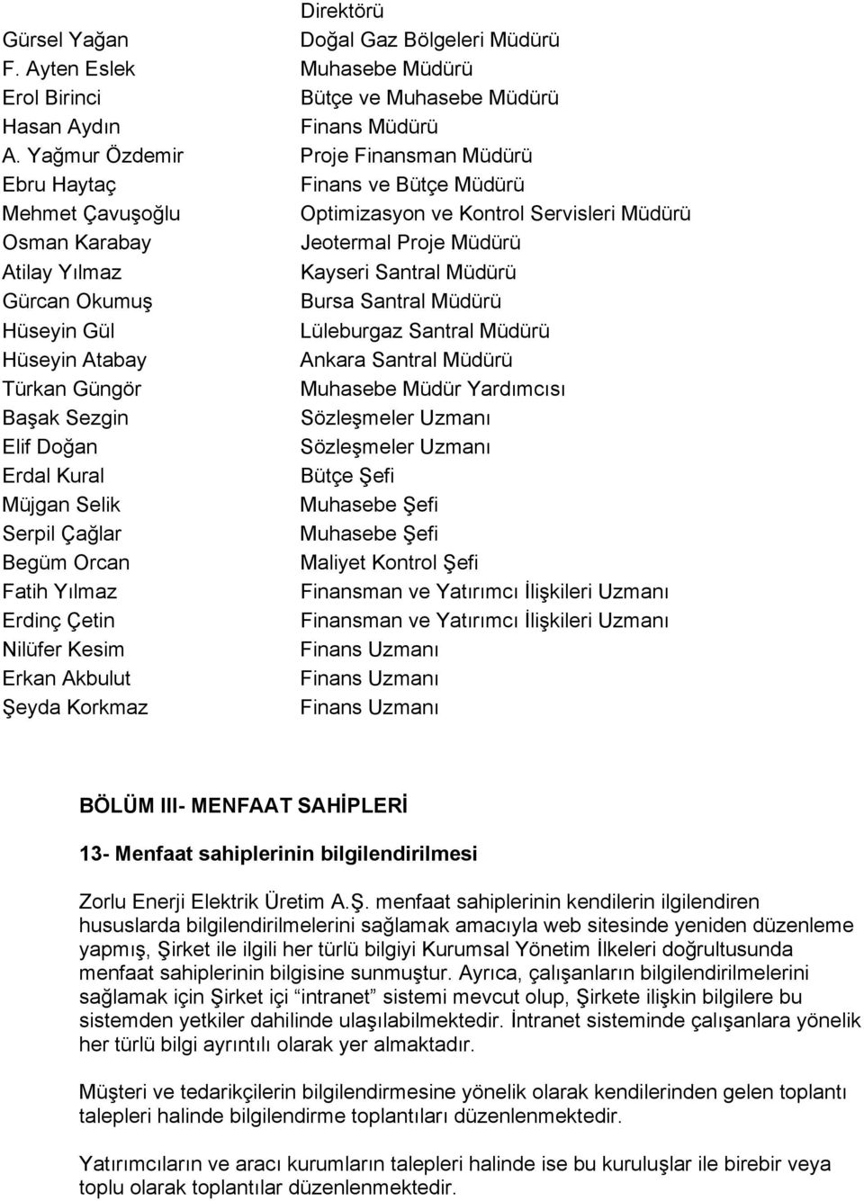 Müdürü Gürcan Okumuş Bursa Santral Müdürü Hüseyin Gül Lüleburgaz Santral Müdürü Hüseyin Atabay Ankara Santral Müdürü Türkan Güngör Muhasebe Müdür Yardımcısı Başak Sezgin Sözleşmeler Uzmanı Elif Doğan