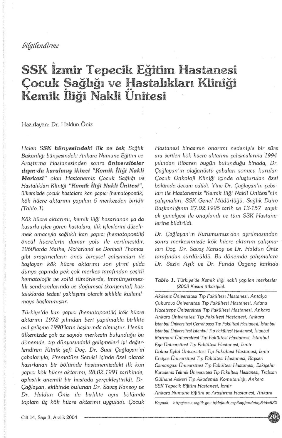 lan Hastanemiz Çcuk Sağlığı ve Hastalıkları Kliniği "Kemik İliği Nakli Ünitesi", ülkemizde çcuk hastalara kan yapıcı (hematpetik) kök hücre aktarımı yapılan 6 merkezden biridir (Tabl ).