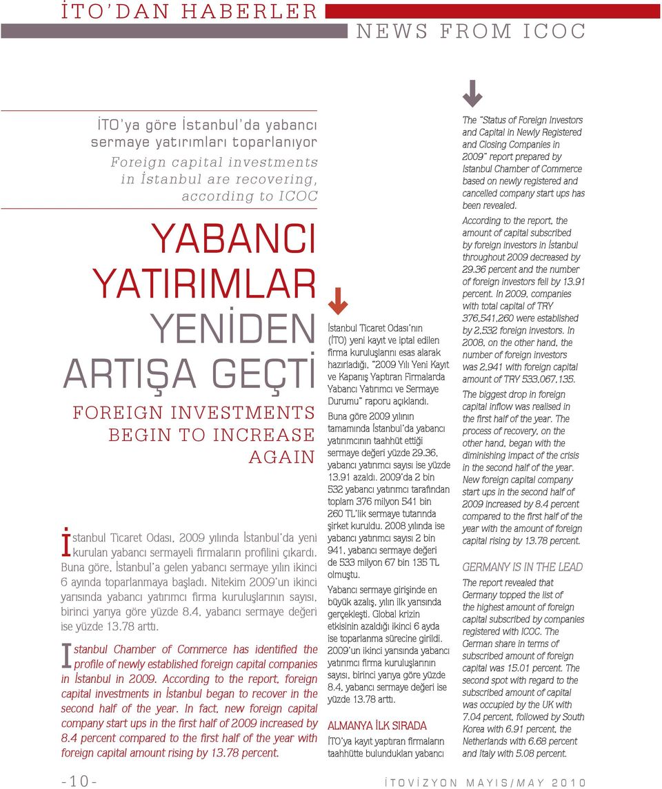 Buna göre, İstanbul a gelen yabancı sermaye yılın ikinci 6 ayında toparlanmaya başladı. Nitekim 2009 un ikinci yarısında yabancı yatırımcı firma kuruluşlarının sayısı, birinci yarıya göre yüzde 8.