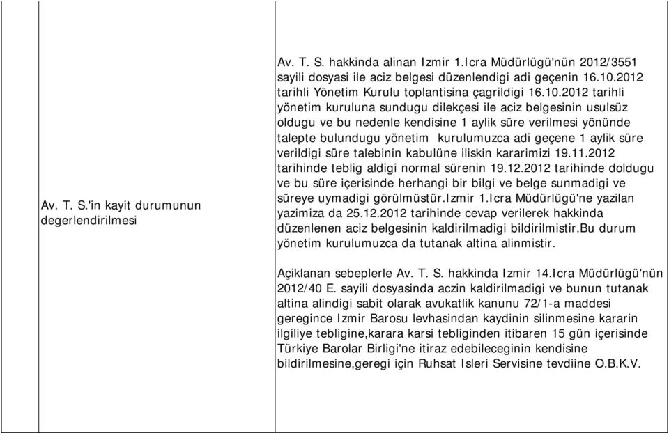 2012 tarihli yönetim kuruluna sundugu dilekçesi ile aciz belgesinin usulsüz oldugu ve bu nedenle kendisine 1 aylik süre verilmesi yönünde talepte bulundugu yönetim kurulumuzca adi geçene 1 aylik süre