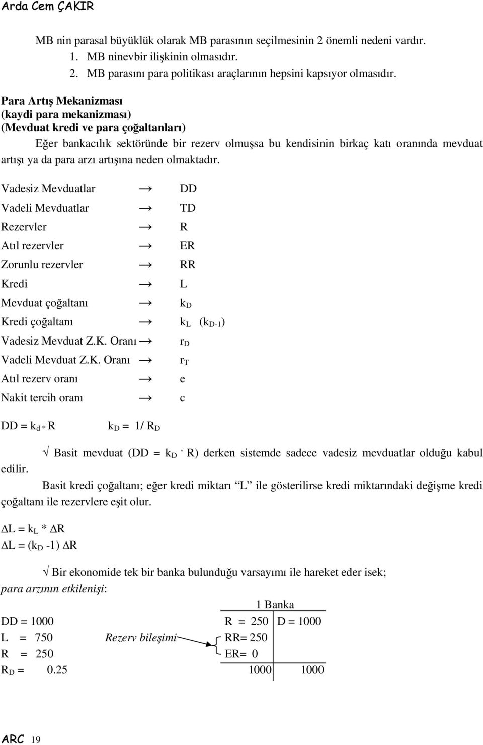 neden olmaktadır. Vadesiz Mevduatlar DD Vadeli Mevduatlar TD Rezervler R Atıl rezervler ER Zorunlu rezervler RR Kredi L Mevduat çoaltanı k D Kredi çoaltanı k L (k D-1 ) Vadesiz Mevduat Z.K. Oranı r D Vadeli Mevduat Z.