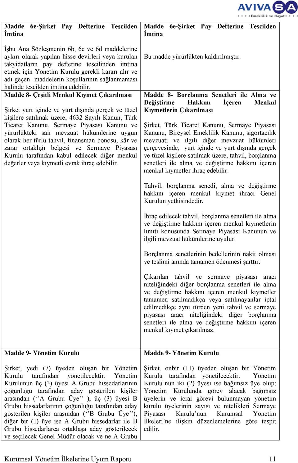 Madde 8- Çeşitli Menkul Kıymet Çıkarılması Şirket yurt içinde ve yurt dışında gerçek ve tüzel kişilere satılmak üzere, 4632 Sayılı Kanun, Türk Ticaret Kanunu, Sermaye Piyasası Kanunu ve yürürlükteki