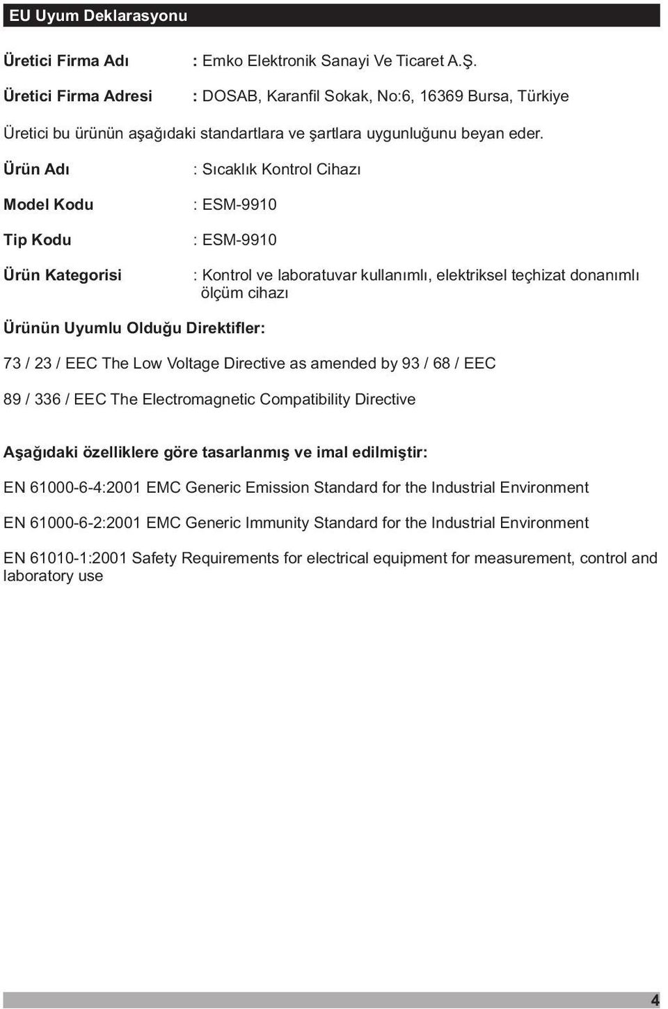 Ürün Adý Mdel Kdu Tp Kdu Ürün Kategrs : Sýcaklýk Kntrl Chazý : ESM-9910 : ESM-9910 : Kntrl ve labratuvar kullanýmlý, elektrksel teçhzat dnanýmlý ölçüm chazý Ürünün Uyumlu Olduðu Drektfler: 73 / 23 /