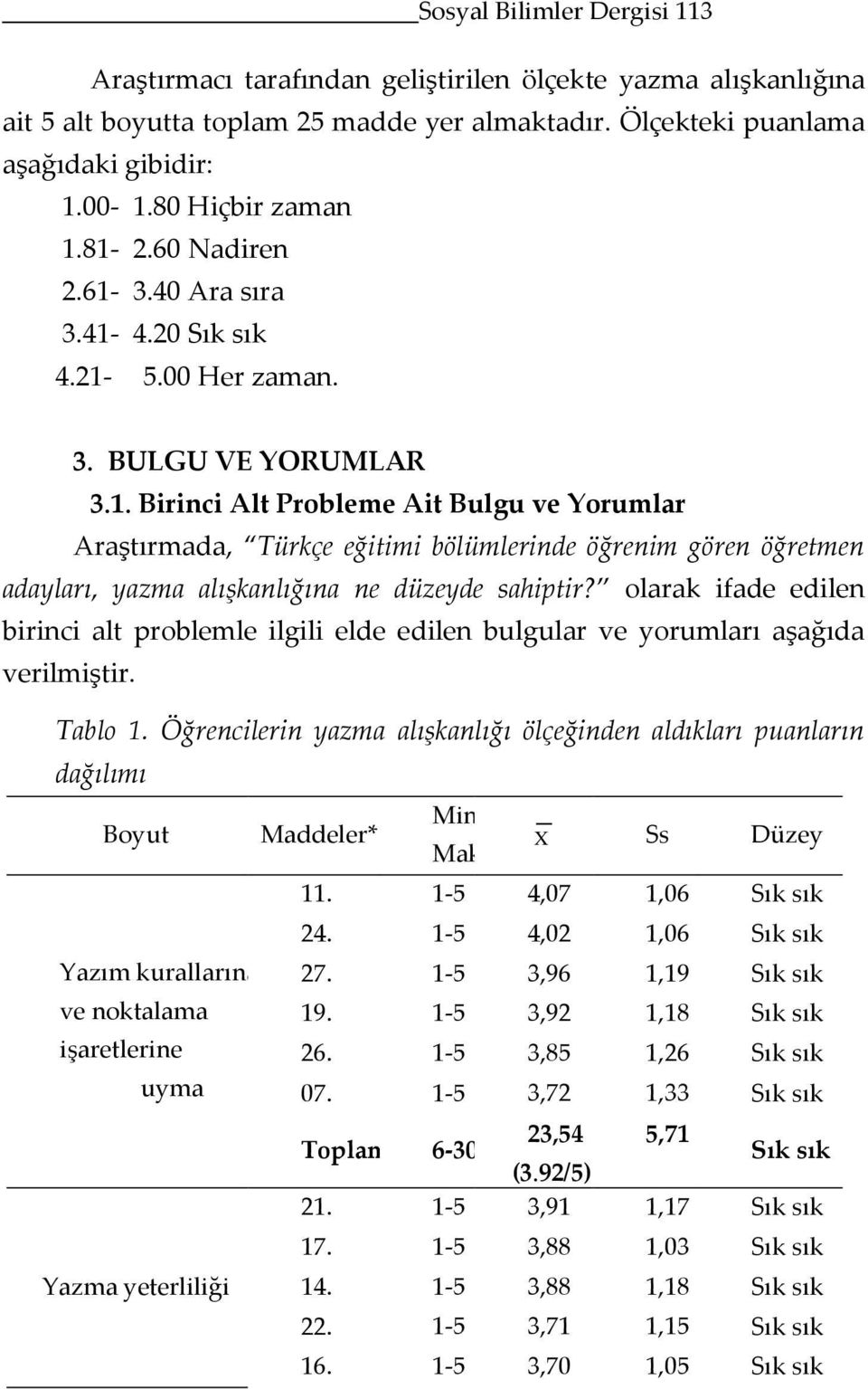 olarak ifade edilen birinci alt problemle ilgili elde edilen bulgular ve yorumları aşağıda verilmiştir. Tablo 1.