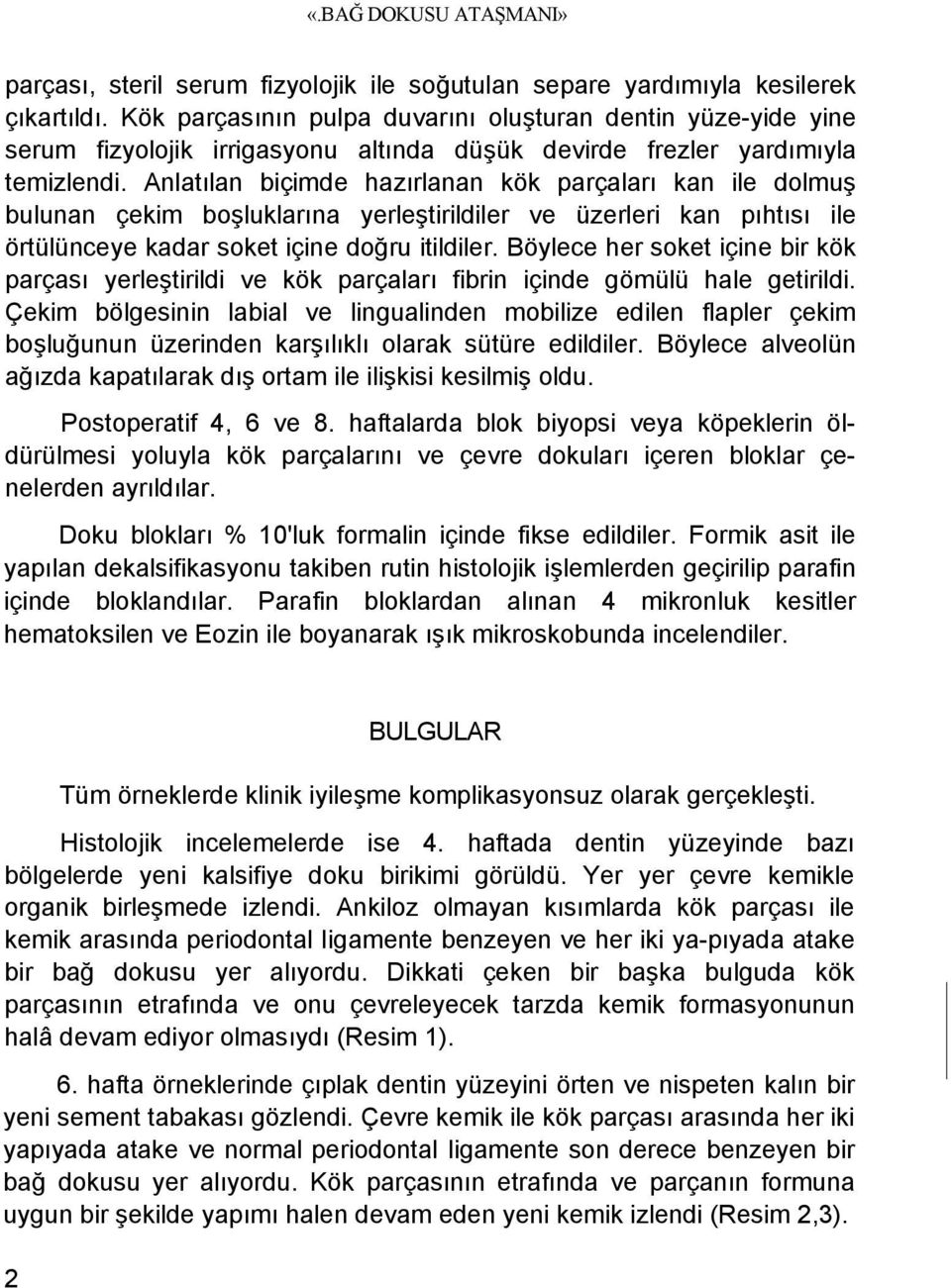 Anlatılan biçimde hazırlanan kök parçaları kan ile dolmuş bulunan çekim boşluklarına yerleştirildiler ve üzerleri kan pıhtısı ile örtülünceye kadar soket içine doğru itildiler.