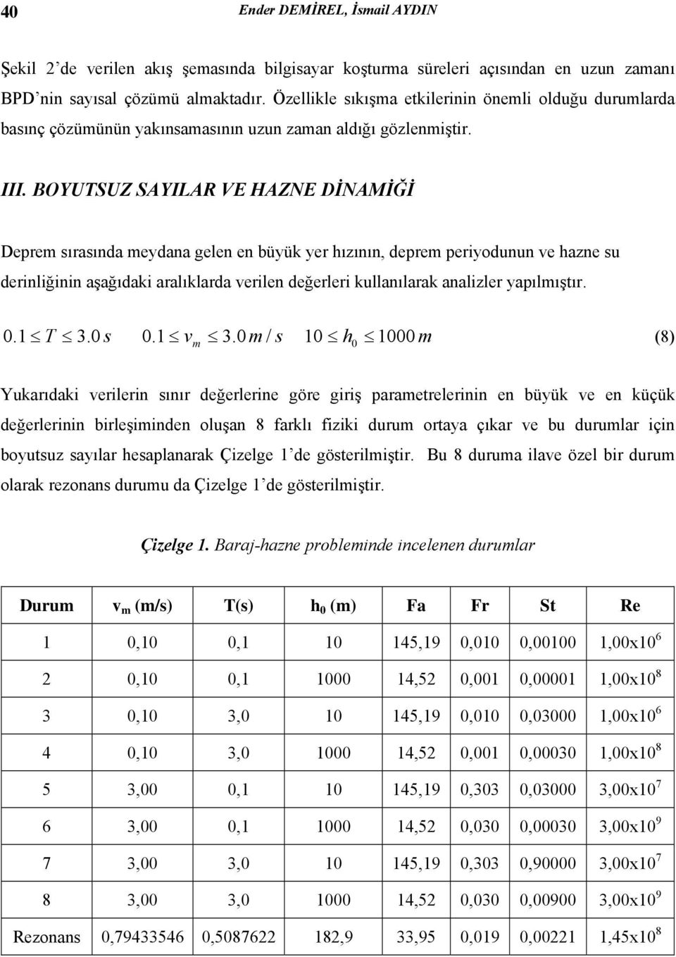 BOYUTSUZ SAYILAR VE HAZNE DİNAMİĞİ Deprem sırasında meydana gelen en büyük yer hızının, deprem periyodunun ve hazne su derinliğinin aşağıdaki aralıklarda verilen değerleri kullanılarak analizler