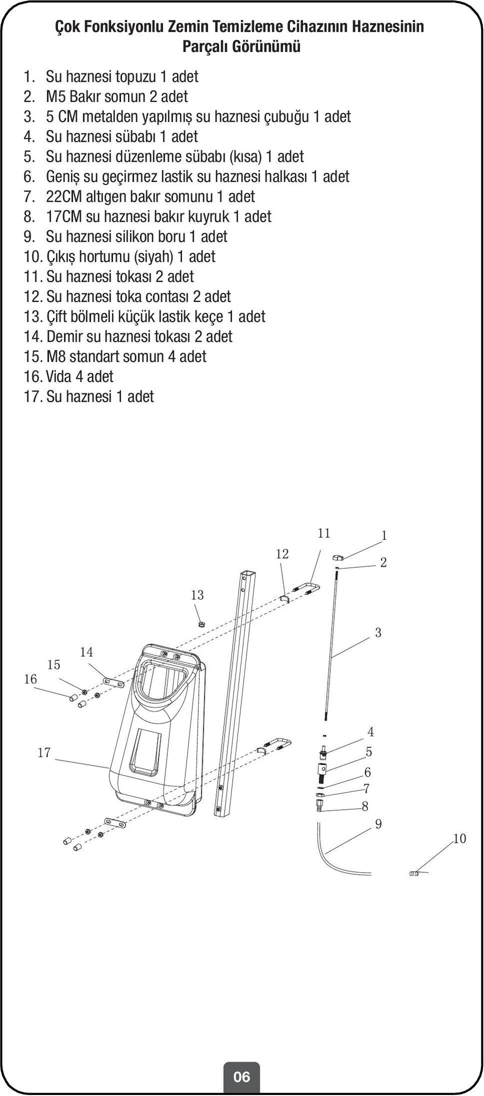 Geniș su geçirmez lastik su haznesi halkası 1 adet 7. 22CM altıgen bakır somunu 1 adet 8. 17CM su haznesi bakır kuyruk 1 adet 9. Su haznesi silikon boru 1 adet 10.