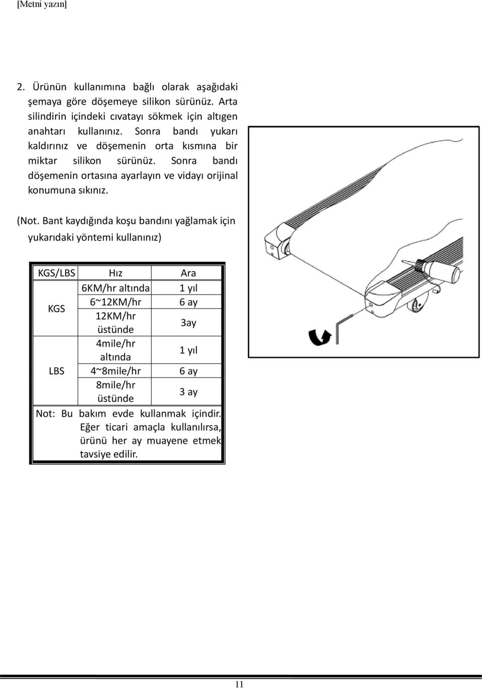 (Not. Bant kaydığında koşu bandını yağlamak için yukarıdaki yöntemi kullanınız) KGS/LBS Hız Ara KM/hr altında 1 yıl ~1KM/hr ay KGS 1KM/hr 3ay üstünde mile/hr