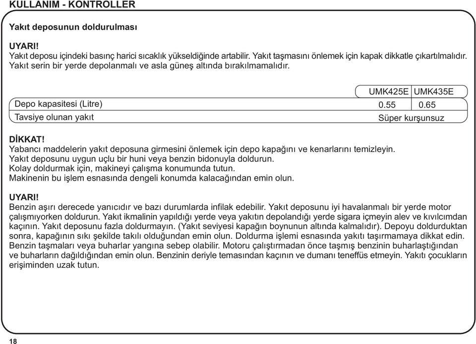 Yabancý maddelerin yakýt deposuna girmesini önlemek için depo kapaðýný ve kenarlarýný temizleyin. Yakýt deposunu uygun uçlu bir huni veya benzin bidonuyla doldurun.