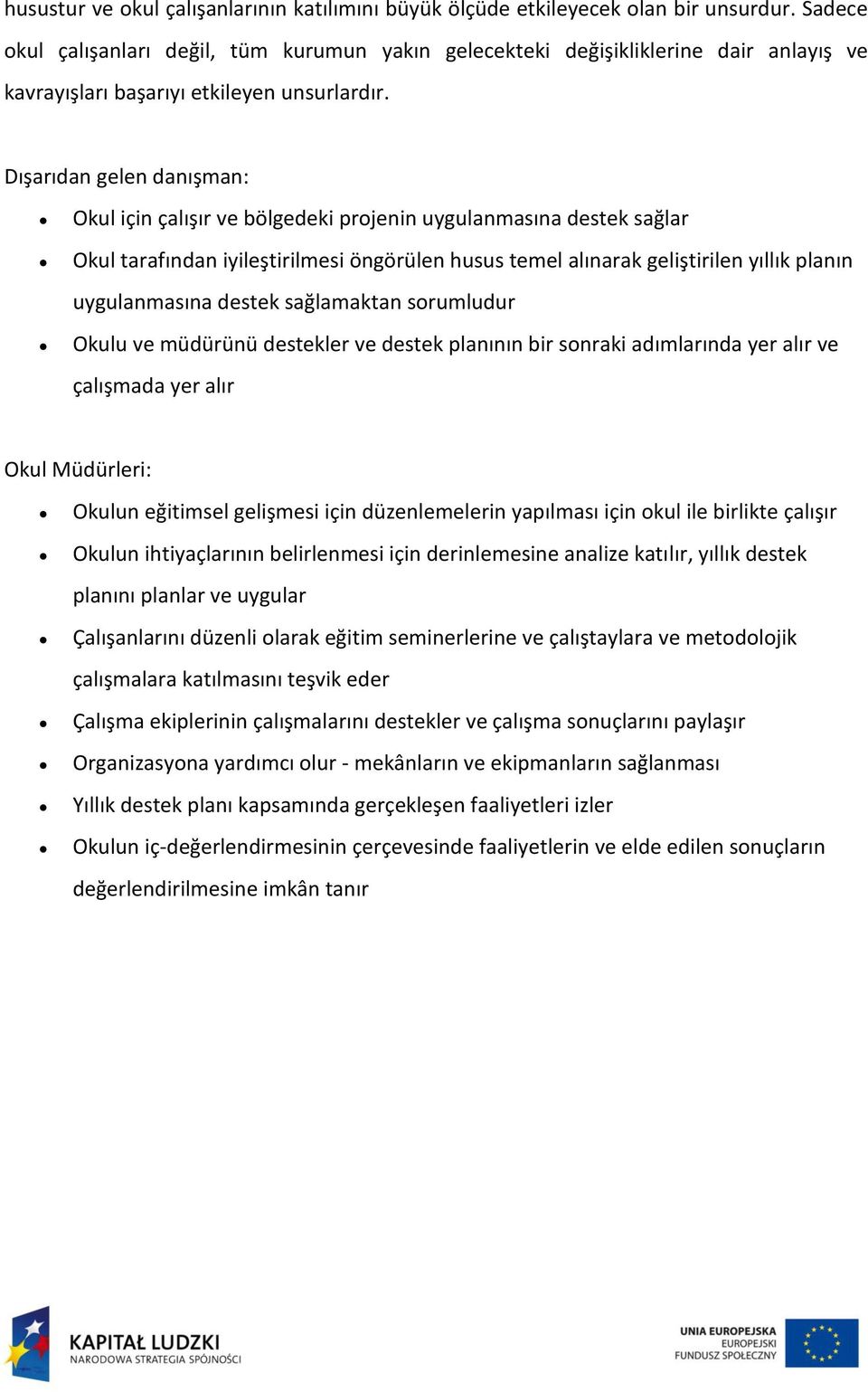 Dışarıdan gelen danışman: Okul için çalışır ve bölgedeki projenin uygulanmasına destek sağlar Okul tarafından iyileştirilmesi öngörülen husus temel alınarak geliştirilen yıllık planın uygulanmasına