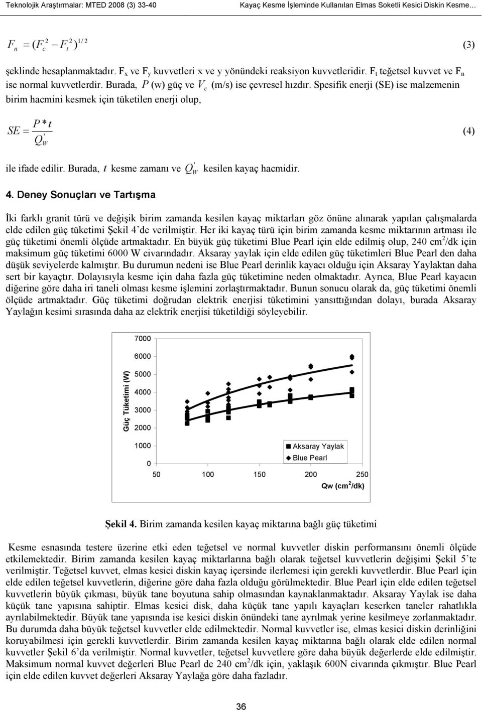 Spesifik enerji (SE) ise malzemenin birim hacmini kesmek için tüketilen enerji olup, P * t SE= (4) ' Q W ile ifade edilir. Burada, t kesme zamanı ve 4.