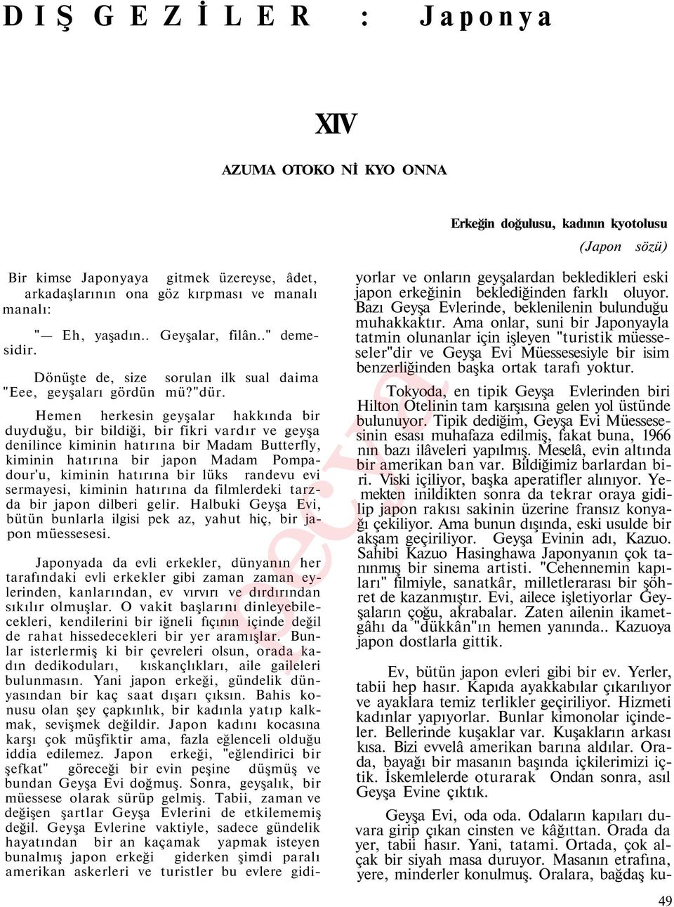 Hemen herkesin geyşalar hakkında bir duyduğu, bir bildiği, bir fikri vardır ve geyşa denilince kiminin hatırına bir Madam Butterfly, kiminin hatırına bir japon Madam Pompadour'u, kiminin hatırına bir