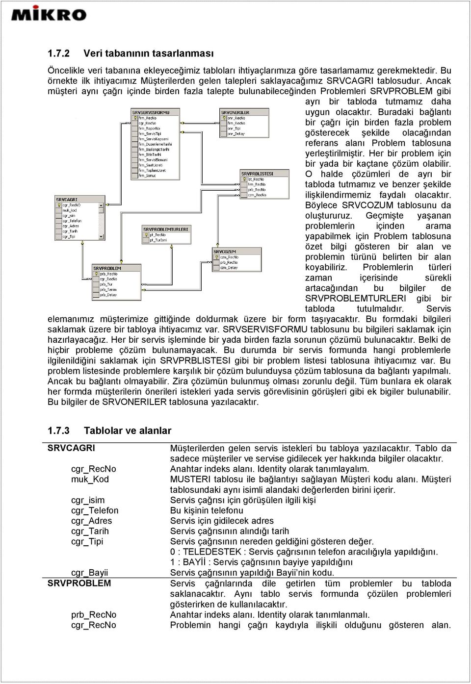 Ancak müşteri aynı çağrı içinde birden fazla talepte bulunabileceğinden Problemleri SRVPROBLEM gibi ayrı bir tabloda tutmamız daha uygun olacaktır.