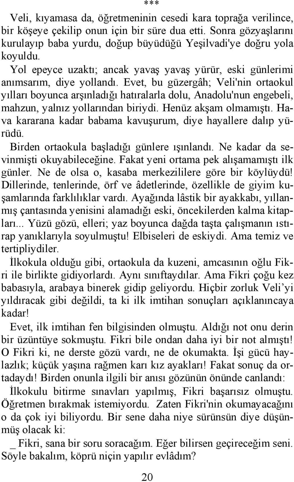 Evet, bu güzergâh; Veli'nin ortaokul yılları boyunca arşınladığı hatıralarla dolu, Anadolu'nun engebeli, mahzun, yalnız yollarından biriydi. Henüz akşam olmamıştı.